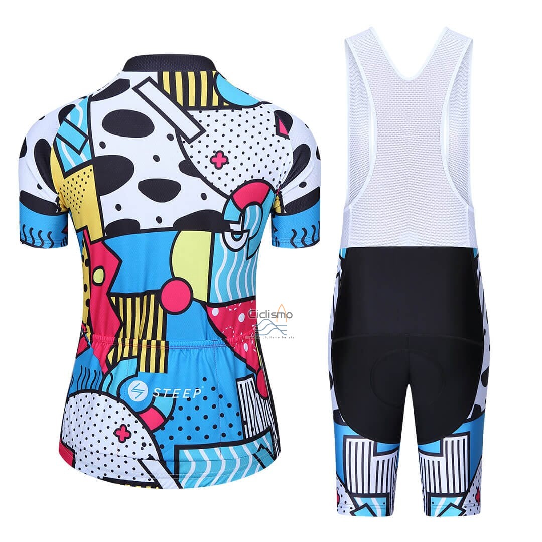 Steep Ropa Ciclismo Culotte Corto 2023 Mujer Mangas Cortas Azul AMarillo