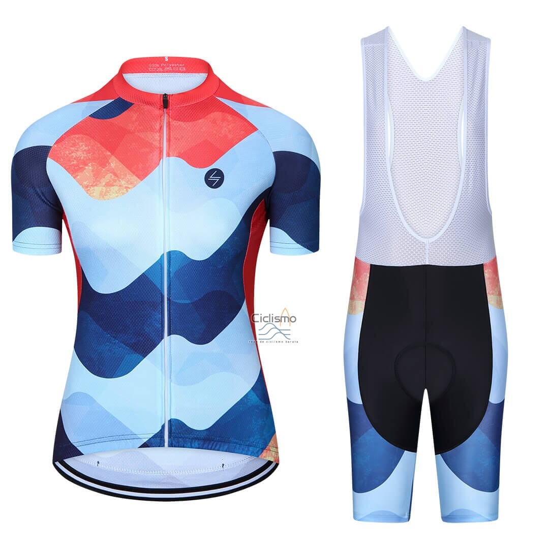 Steep Ropa Ciclismo Culotte Corto 2023 Mujer Mangas Cortas Rojo Azul
